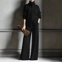 Stylish Womens Casual Knit Turtleneck Wide-Leg Set