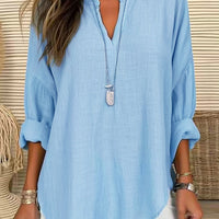 Women's Casual V-neck Cotton And Linen Solid Color Shirt