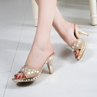 High-heeled Rhinestone Solid Color Small Thick-heeled Slippers Summer One Word Sandals