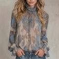 Womens Retro Long-Sleeve Stand-Neck Lace-Up Ruffle Flare-Sleeve Shirt