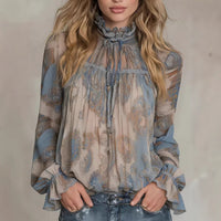 Womens Retro Long-Sleeve Stand-Neck Lace-Up Ruffle Flare-Sleeve Shirt