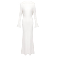 Simple Solid-Color Scoop Neck Backless Pleated Bodycon Long-Sleeve Dress