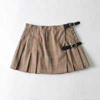 Retro Plaid Pleated Skirt Belt Buckle Learning Skirt