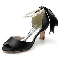 Chunky Heel Pearl Chain Ribbon High Heels Blue Hollow