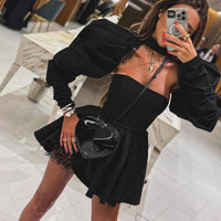 Womens Elegant Backless Long-Sleeve Black A-Line Tube Dress
