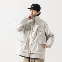 Stand Collar Loose Multi-pocket Charge Jacket Retro Fake Two-pieces Coats
