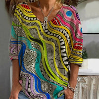 Womens Loose-fitting Geometric-print V-neck Long-sleeve Top