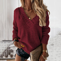 Solid-color Womens V-neck Long-sleeve Pullover Knit Top