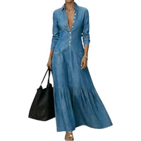 Street-style Vintage-collar Chic Denim High-end And Fashionable Fitted-waist Maxi Dress