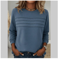 Solid Color U-neck Pleated Long-sleeved T-shirt Top For Women