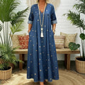 V-neck Loose-fit Printed Star Denim Dress For Women