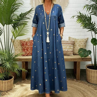 V-neck Loose-fit Printed Star Denim Dress For Women