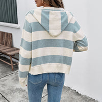 European And American Flanging Striped Contrast Color Sweater Zipper Cardigan