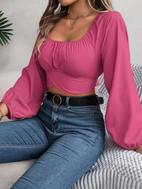 Women's Casual Lantern Sleeve Tie Waist Chiffon Crop Top