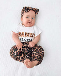 Short Sleeved Letter Printed Romper With Leopard Print Waistband Pants