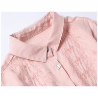 Wide Long-Sleeve Polo-Neck Cotton-Linen Embroidered Dress For Women