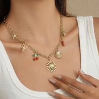 Women's Summer Starfish Necklace With Sun, Shell, Seahorse  Cherry Charms  Multi-Element Pendant Jewelry