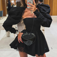Womens Elegant Backless Long-Sleeve Black A-Line Tube Dress