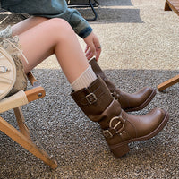 Western Belt Buckle Pile Style Boots Female Tall Knight Boots