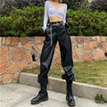 Design Black Scale Tooling Leather Pants Female Ankle-tied Loose