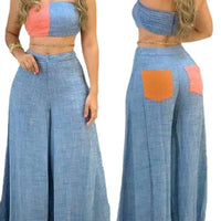 Contrast-color Womens Spliced Tube-top Bodycon Suit With Trousers
