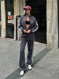 Contrast-color Sweatshirt Cardigan And Pants Set For Women