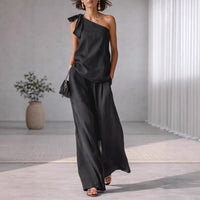 Sleeveless One-shoulder Top With Tie Detail And Wide-leg Pants
