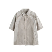 Japanese-style Retro Color Contrast Patchwork Polo Collar Stripes Loose All-match Short Sleeve