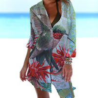 3D Casual Women's Clothing Bird-and-flower Painting Printed Beach Vacation Blouse