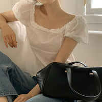 Wood Ear Mushroom-patterned Ruffled-trim Square-neck Puffed-sleeve Shirt