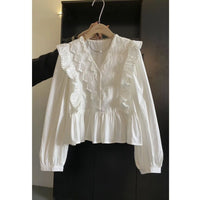Womens French V-neck White Long-sleeve Shirt