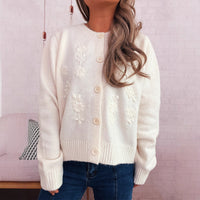 Simple Casual Flower Cardigan Round Neck Long Sleeve Sweater