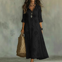 Fashionable Lace-Embroidered Cotton-Linen Long Dress
