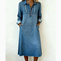 Solid-color Lapel Long-sleeve Dress For Women