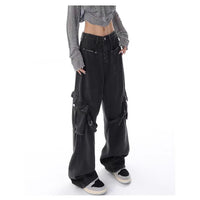 Slimming Large Pocket Design High Waist Straight Wide Leg Jeans