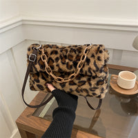 Stylish One-shoulder Envelope Bag With Leopard Print And Fluffy Accents Crossbody Bag