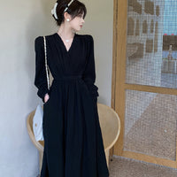 Elegant Long Sleeve V Neck Solid Color Dress