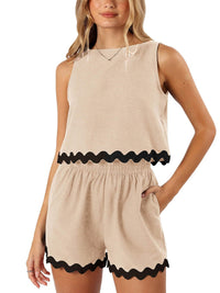 Summer Two-Piece Set Linen Lace-trimmed Crew-neck Tank Top And Short Pants
