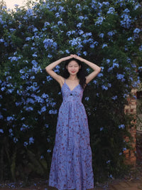 French-style Blue Floral Strap Dress For Women