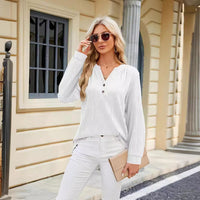 Solid Color And V-neck Button Casual Shirt Women's Top