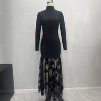 Black Mesh Floral Knit Turtleneck Long-Sleeve Patchwork Gauze Dress