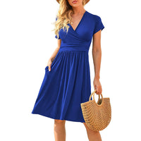 Womens Short-Sleeve Printed Pocket Mid-Length Cinched Dress