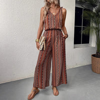 Casual Striped Printed Jumpsuit With Straps And Elastic Waist