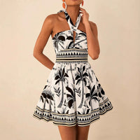 Printed Lace-up Sleeveless Halterneck Slip Dress For Women