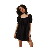 Solid-color Short-sleeve Loose-fit Pleated Square-neck Cotton Dress