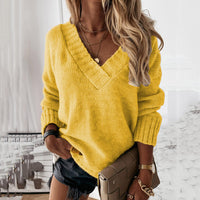 Solid-color Womens V-neck Long-sleeve Pullover Knit Top