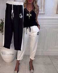 Women's Fashion Contrasting-Color Pocket Loose Casual Straight-Leg Pants