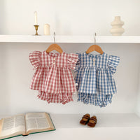 Cotton Thin Plaid Short Sleeve Shorts Suit Girls