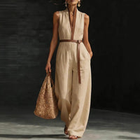 Womens Sleeveless Spliced Off-Shoulder Loose Jumpsuit