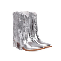 Sexy Sequin Tassel Pointed-Toe Chunky-Heel Ankle Boots For Women